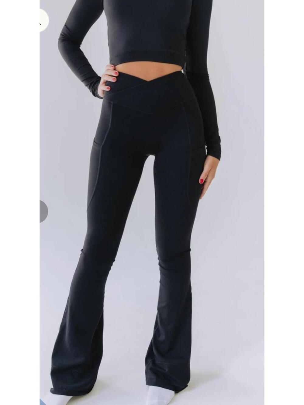 Sky-Dolls Black High-Waist Flared Leggings Activewear Pants NEW S